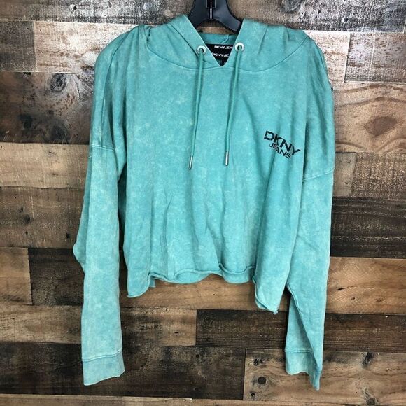 DKNY Hoodie Drawstring Cropped Green Yellow Tie Dye Left Chest Logo Pullover XL - Picture 11 of 15